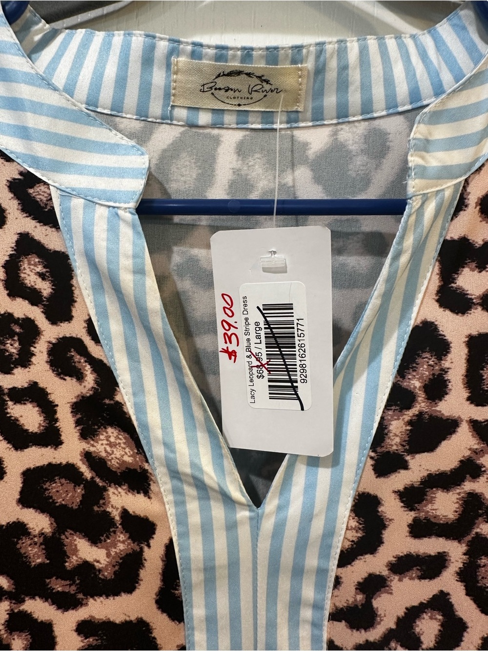 Women’s Leopard Print Tiered Dress with Blue Stripe Trim - Picture 3 of 4